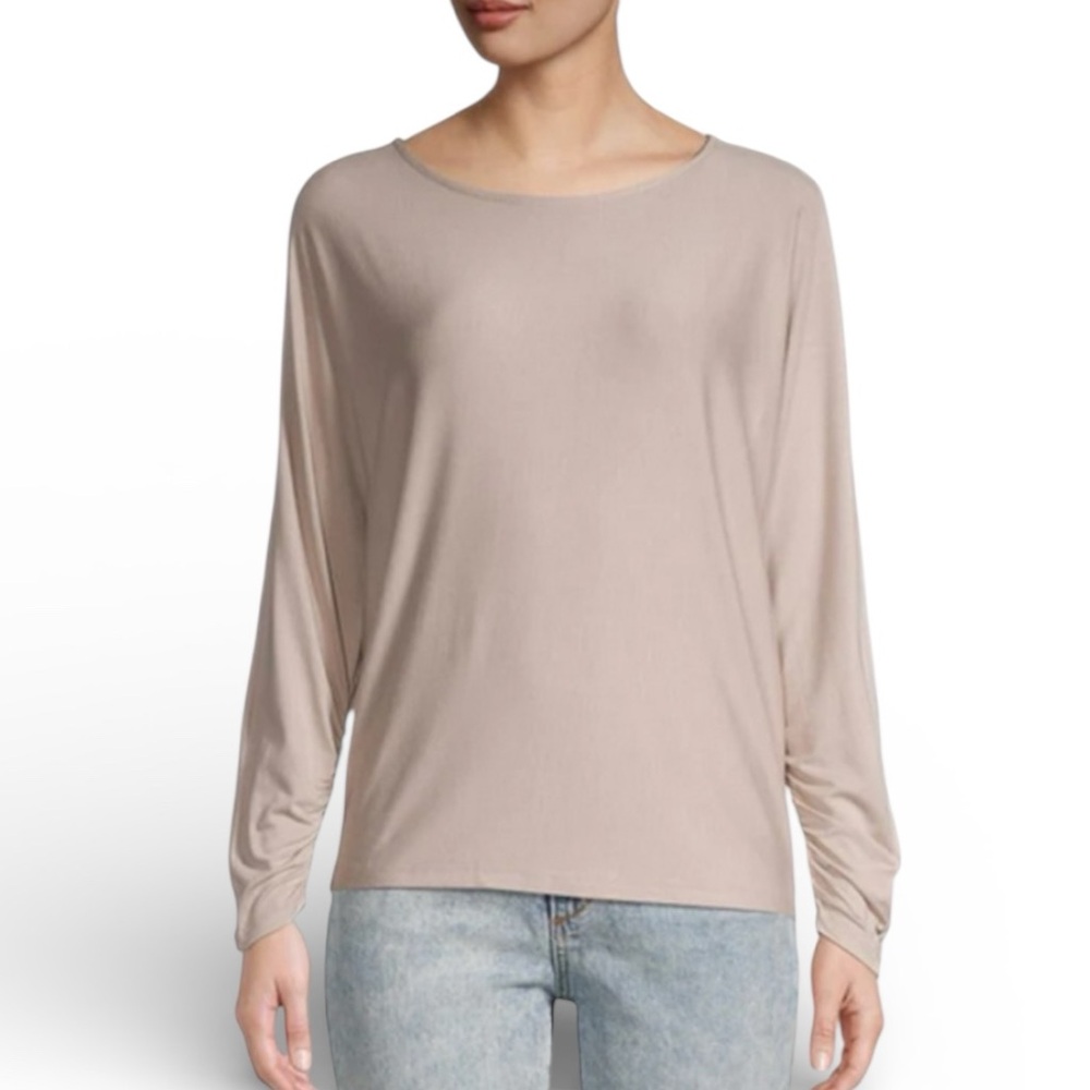 Magaschoni Long Sleeve Boat Neck Ruched Sleeve Top in Clay Dust Size XS